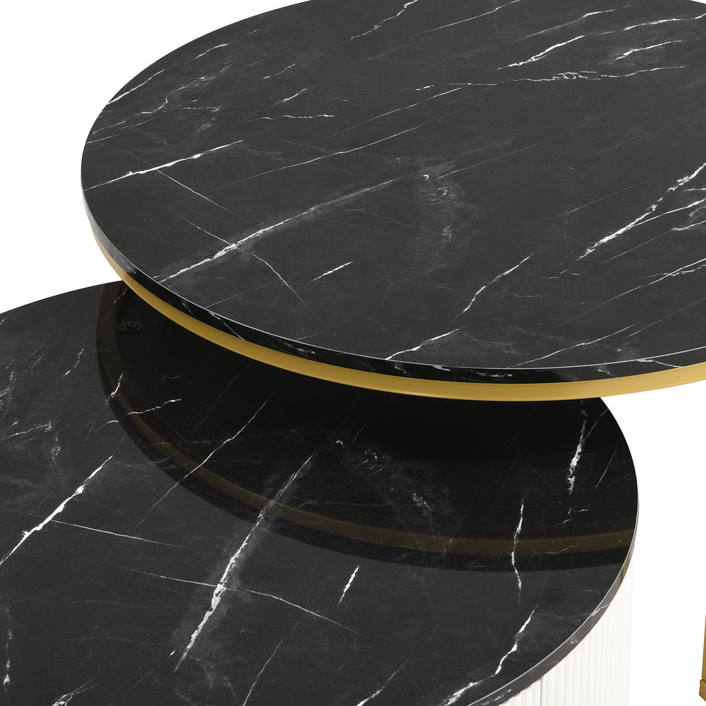 Modern Round Nesting Coffee Table Fluted with Drawer in Black & Gold in 31.5'' - Grand Goldman Shop