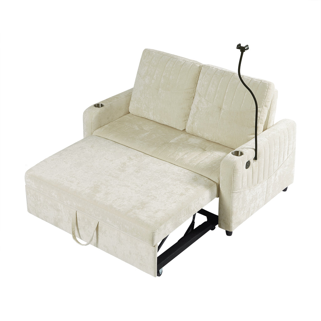 Modern 53.9' Loveseat Pull-out Sofa Bed with Adjustable Backrest, Cup Holders, Charging Ports & Side Storage in Beige Chenille - Grand Goldman Shop