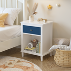 Navy+Golden Handle Wooden Nightstand with One Drawer One Shelf for Kids and Adults, White+Navy Finish, MDF Material, 26.77''H - Grand Goldman Shop