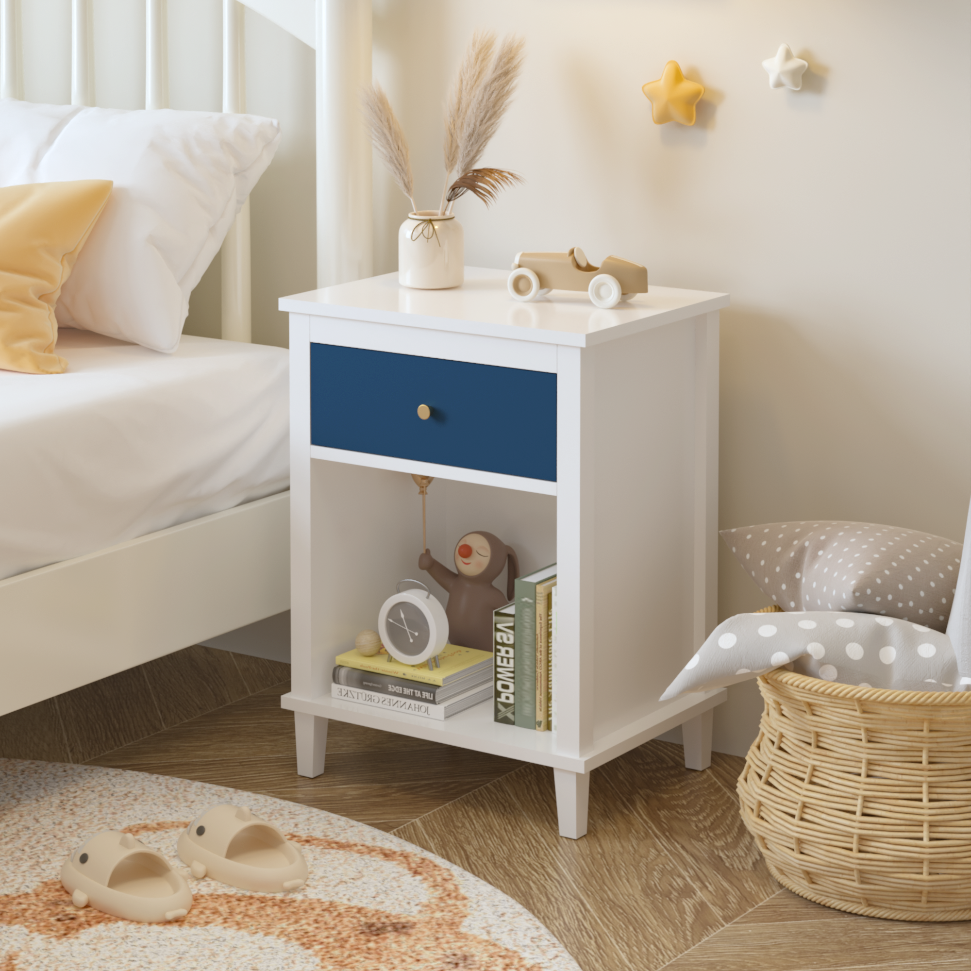Navy+Golden Handle Wooden Nightstand with One Drawer One Shelf for Kids and Adults, White+Navy Finish, MDF Material, 26.77''H - Grand Goldman Shop