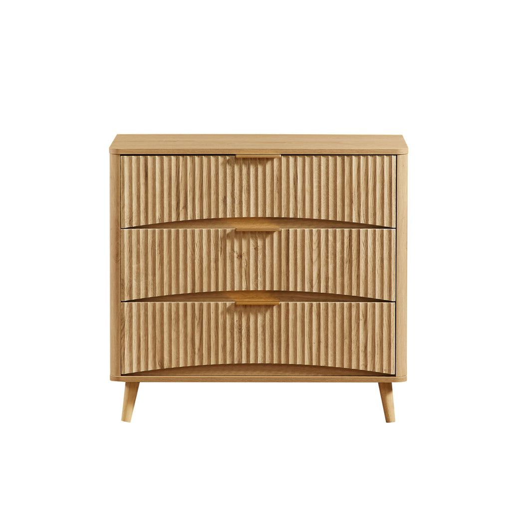 Fluted 3 Drawer Dresser, Modern Tall Chest of Drawers with Vertical Grooved Design, Wood Storage Cabinet with Metal Handles for Bedroom Living Room, Oak. (23.6'W x 15'D x 30'H). - Grand Goldman Shop