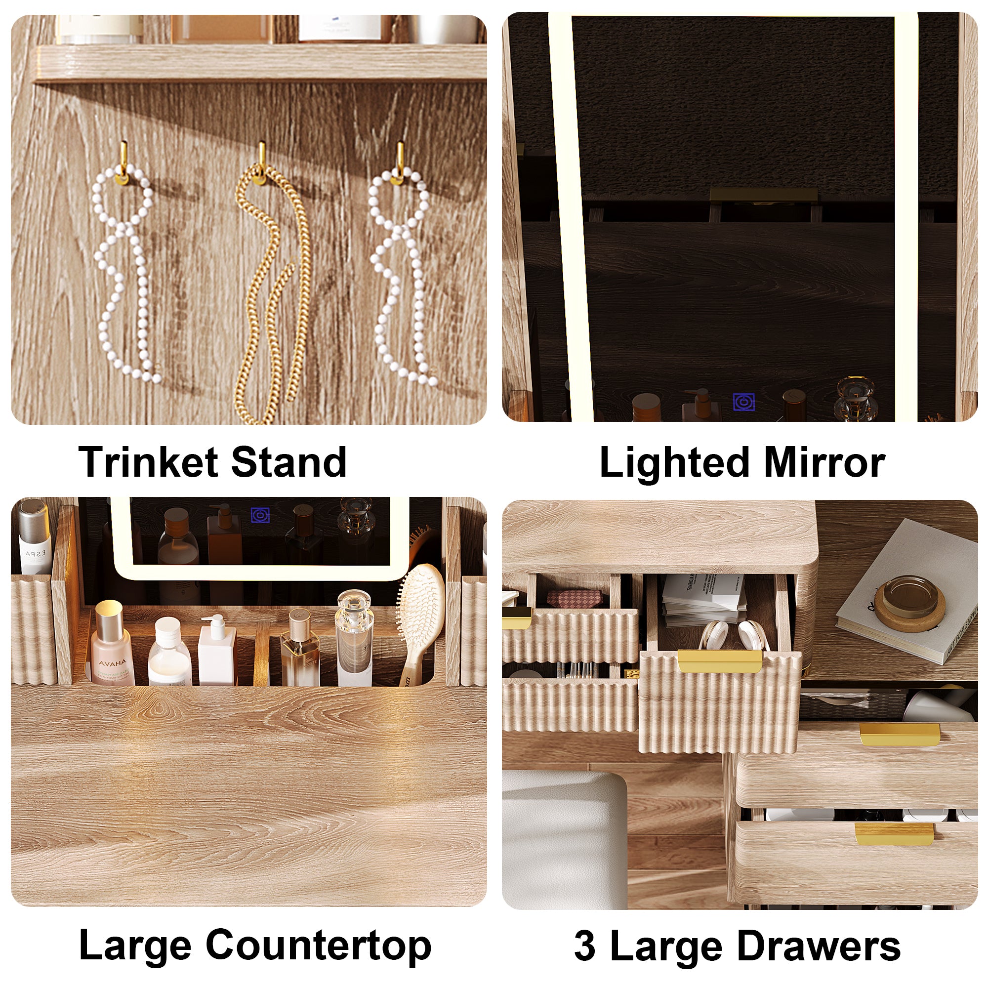 4-Drawer Vanity Desk with LED Mirror & Carved Details, Fluted Makeup Table with Metal Legs and PU Stool, Carved Dressing Table with Jewelry Storage for Bedroom - Grand Goldman Shop
