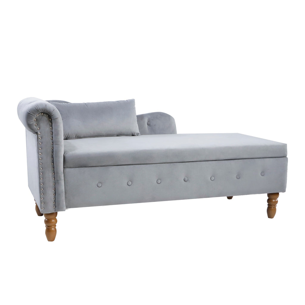 Grey Chaise Lounge Indoor, Velvet Lounge Chair for Bedroom with Storage & Pillow, Modern Upholstered Rolled Arm Chase Lounge for Sleeping with Nailhead Trim for Living Room Bedroom Office - Grand Goldman Shop