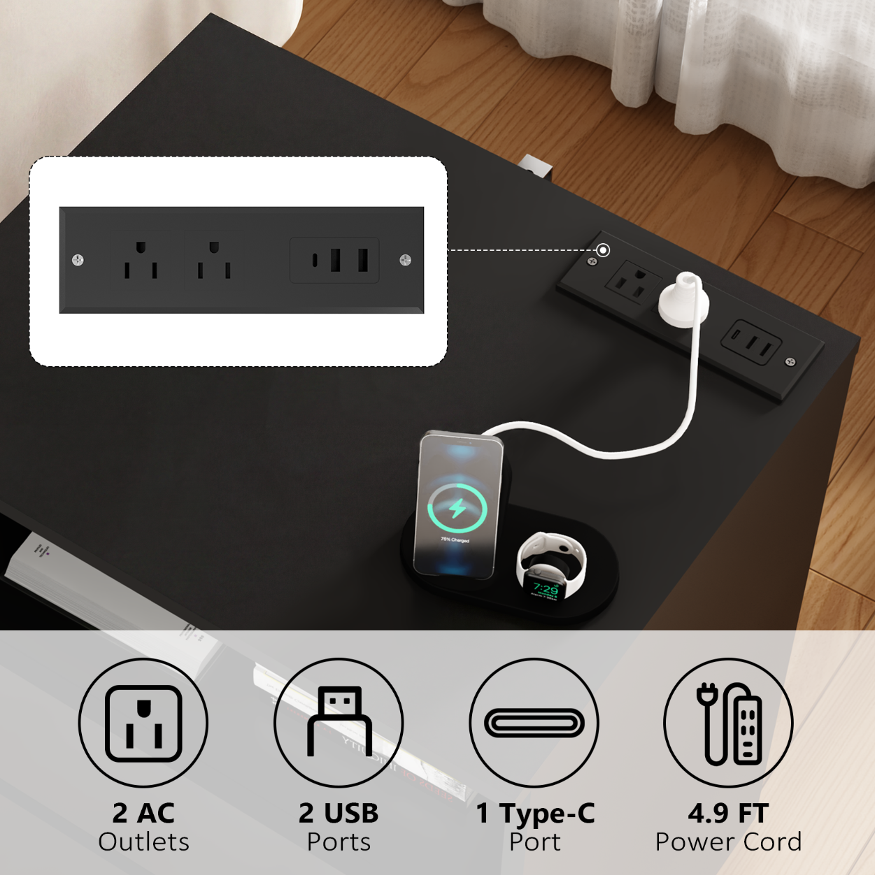 (Set of 2)End Table with Fast USB C Charging Station, Sofa Side Table with 2 Drawers, Large Storage Modern Wood Storage Cabinet for Living Room,Bedroom,Office, Black - Grand Goldman Shop