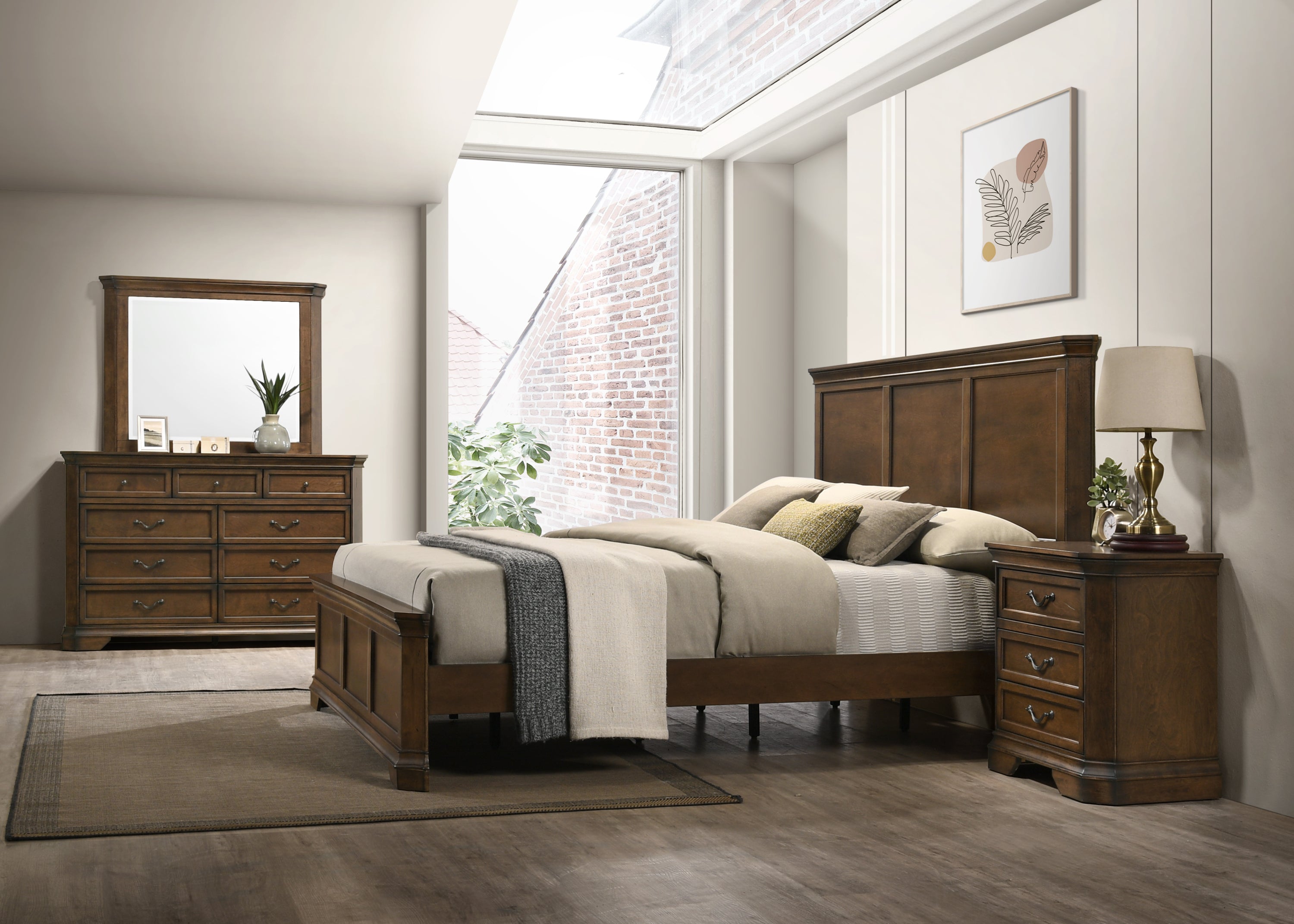 Maderne Traditional Wood Panel Bed with Dresser, Mirror, Nightstand, Queen size - Grand Goldman Shop