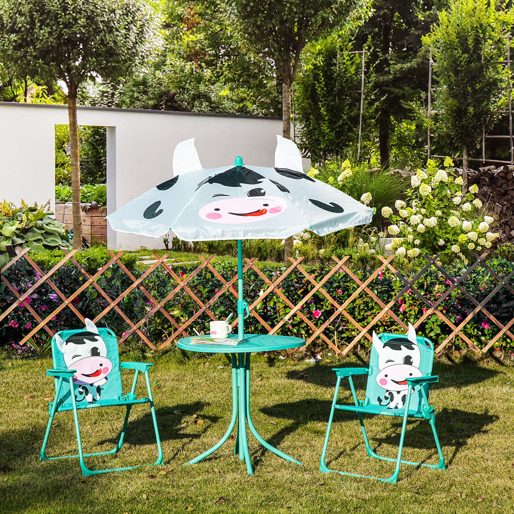 Kids Table and Chair Set, Outdoor Folding Garden Furniture, Picnic Table for Patio Backyard, with Dairy Cow Pattern, Removabl