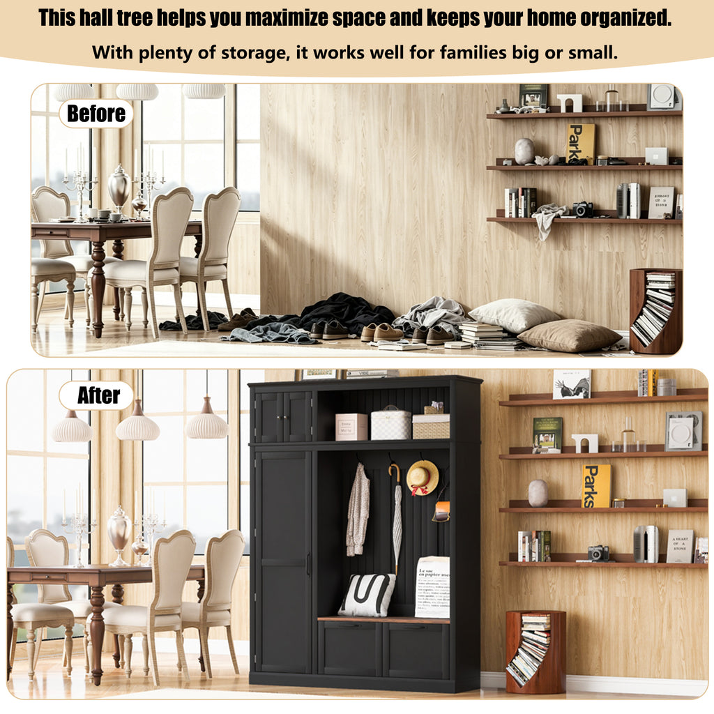 3-in-1 Hall Tree with Overhead Storage Cabinet, 3 Adjustable Side Shelves, 4 Heavy-Duty Hooks, 2 Spacious Drawers, Grooved Back Panel Design, Contrasting Seat Bench, Multifunctional Entryway Organizer - Grand Goldman Shop