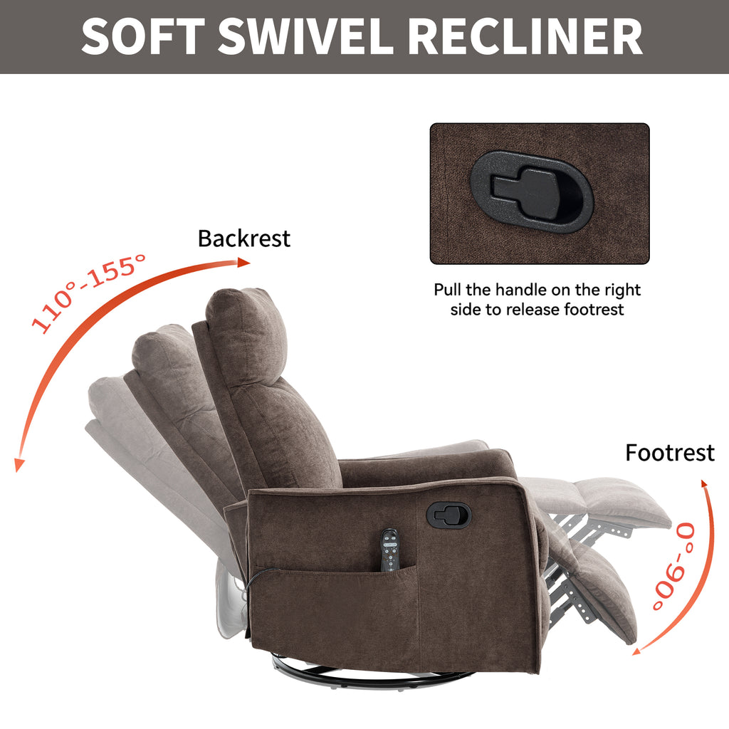 Heat Massage Manual Recliner Chair with Rocker and Swivel in Fabric for Living Room, Brown - Grand Goldman Shop