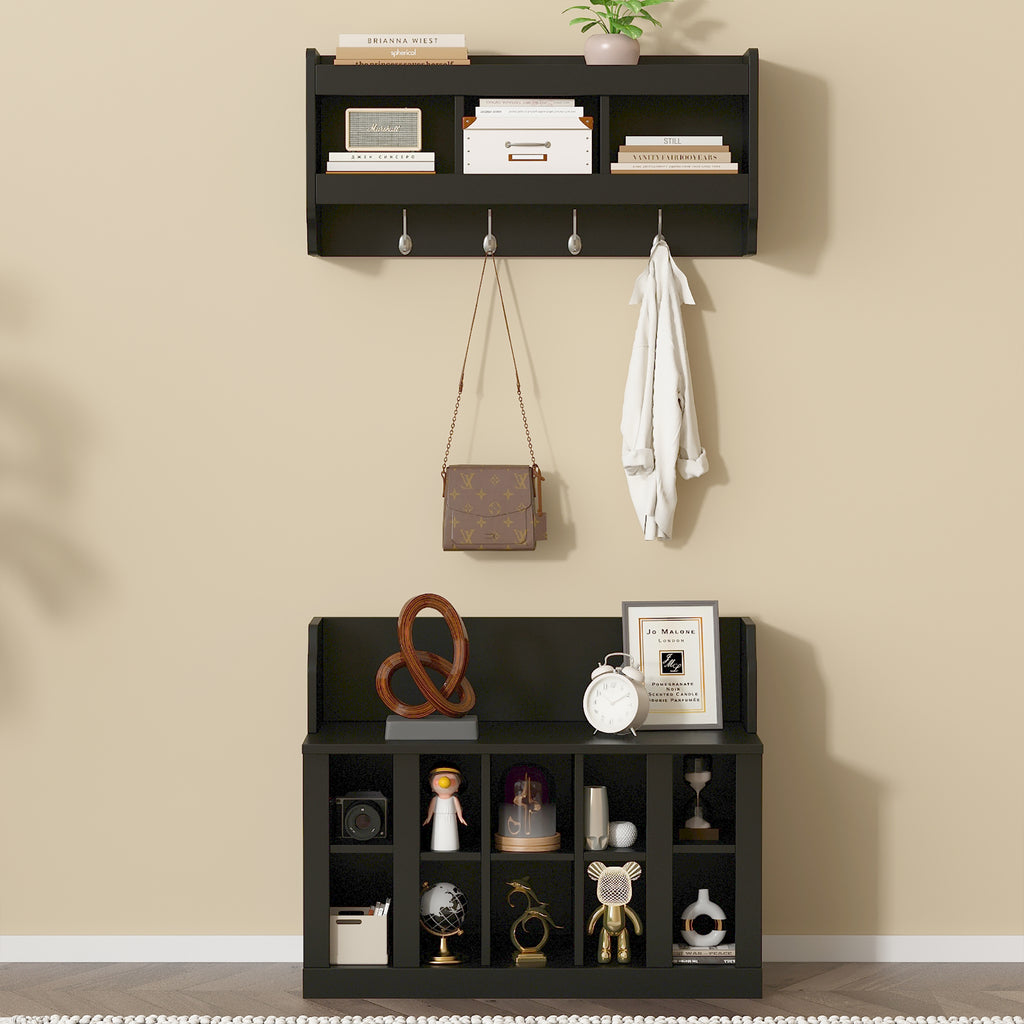 ON-TREND Shoe Storage Bench with Shelves and 4 Hooks, Elegant Hall Tree with Wall Mounted Coat Rack, Entryway Organizer For Hallway, Foyer, Mudroom, Black - Grand Goldman Shop