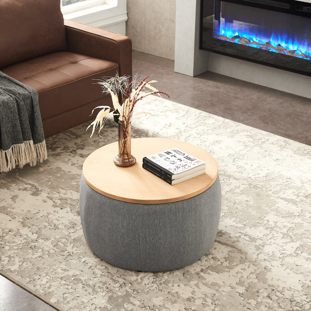 Round Storage Ottoman, 2 in 1 Function, Work as End table and Ottoman, Dark Grey (25.5'x25.5'x14.5') - Grand Goldman Shop