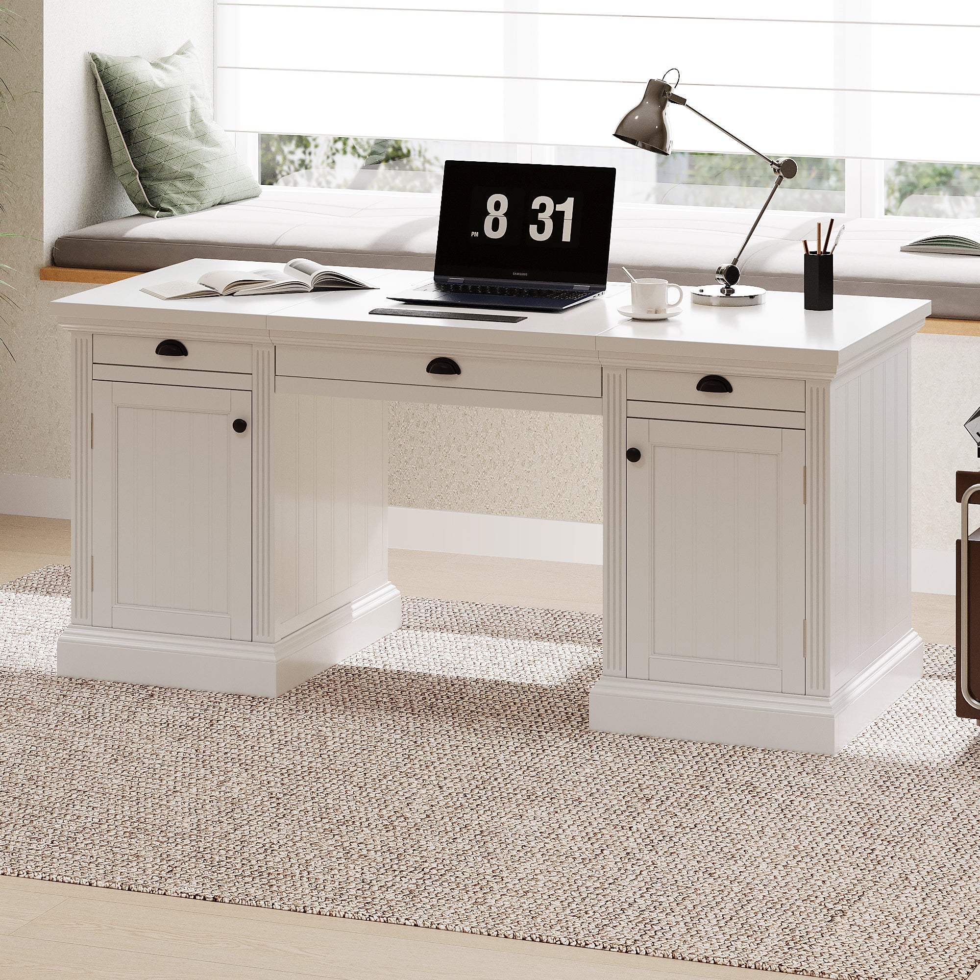 67' Modern Executive Desk,Computer Desk with 2 Wooden Doors Storage Cabinet and 3 Drawers, Rectangle Home Office Desk  ,Readi