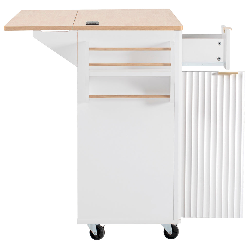 K&K Fluted Kitchen Island with Storage, 55.5' Kitchen Island with Drop Leaf, Power Outlet, 4 Doors and 3 Drawers, Rolling Island Table with Wood-grain Top, Curved Edge for Kitchen,Dining Room White - Grand Goldman Shop