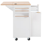K&K Fluted Kitchen Island with Storage, 55.5' Kitchen Island with Drop Leaf, Power Outlet, 4 Doors and 3 Drawers, Rolling Island Table with Wood-grain Top, Curved Edge for Kitchen,Dining Room White - Grand Goldman Shop