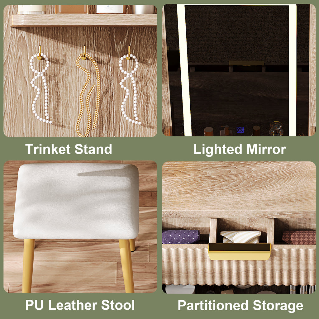 7-Drawer Vanity Desk with LED Mirror & Carved Details, Fluted Makeup Table with Metal Legs and PU Stool, Carved Dressing Table with Jewelry Storage for Bedroom - Grand Goldman Shop