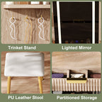 7-Drawer Vanity Desk with LED Mirror & Carved Details, Fluted Makeup Table with Metal Legs and PU Stool, Carved Dressing Table with Jewelry Storage for Bedroom - Grand Goldman Shop