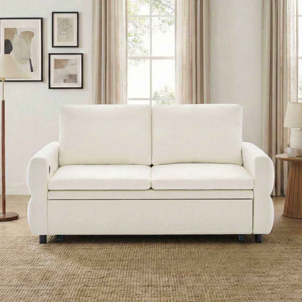 Convertible Sofa Bed 62.75' Loveseat with Adjustable Backrest and USB Ports in Beige Chenille Fabric - Grand Goldman Shop