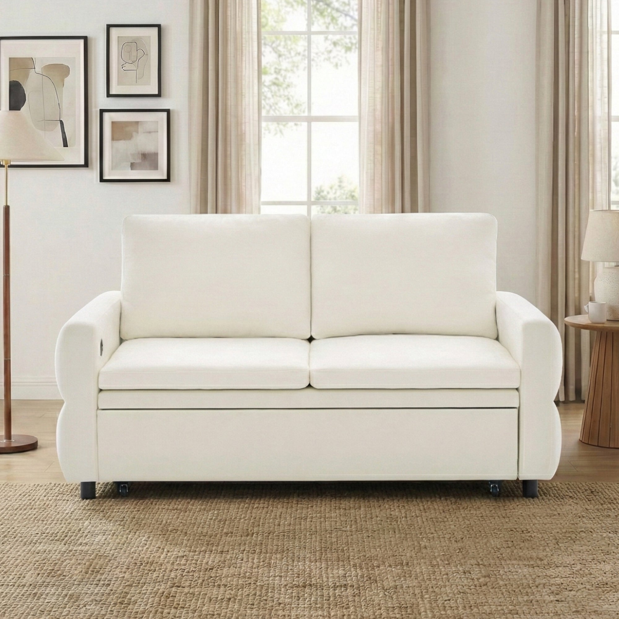 Convertible Sofa Bed 62.75' Loveseat with Adjustable Backrest and USB Ports in Beige Chenille Fabric - Grand Goldman Shop