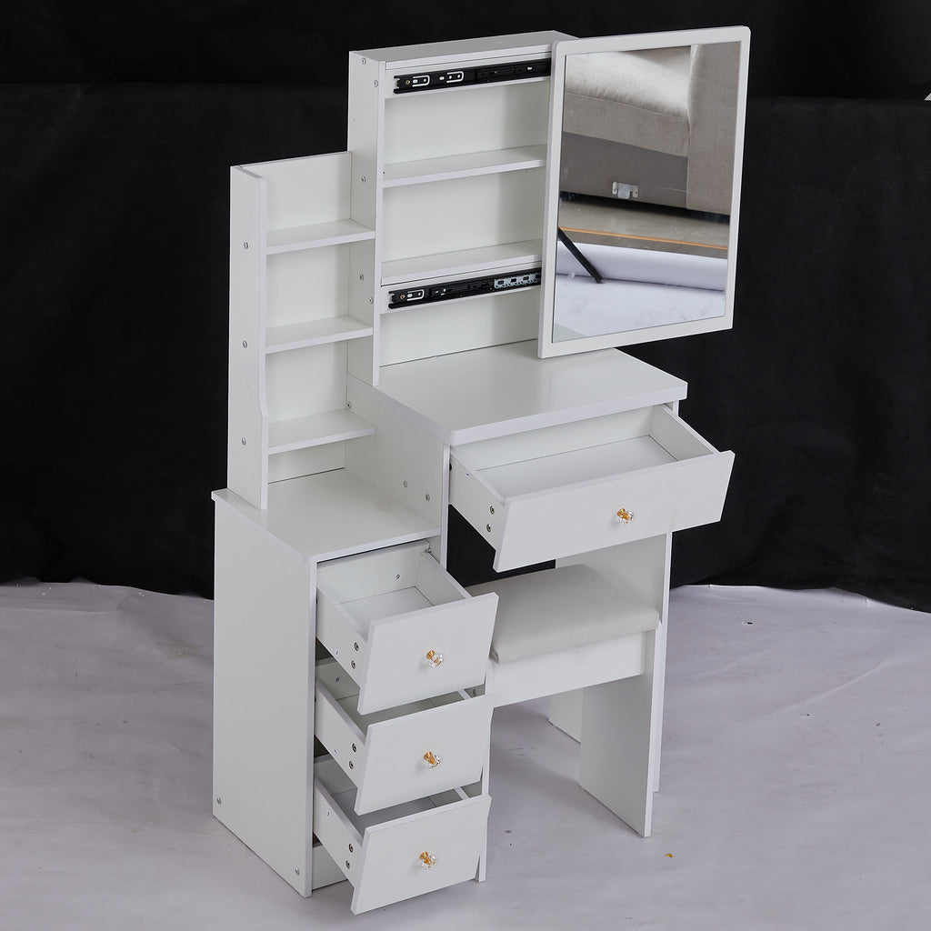 29.2' Small Space Left Bedside Cabinet Vanity Table + Cushioned Stool, Extra Large Right sliding mirror, Multi Layer High Capacity Storage, Practical Fashionable Dresser, EPA, GCC, UL Certificate - Grand Goldman Shop