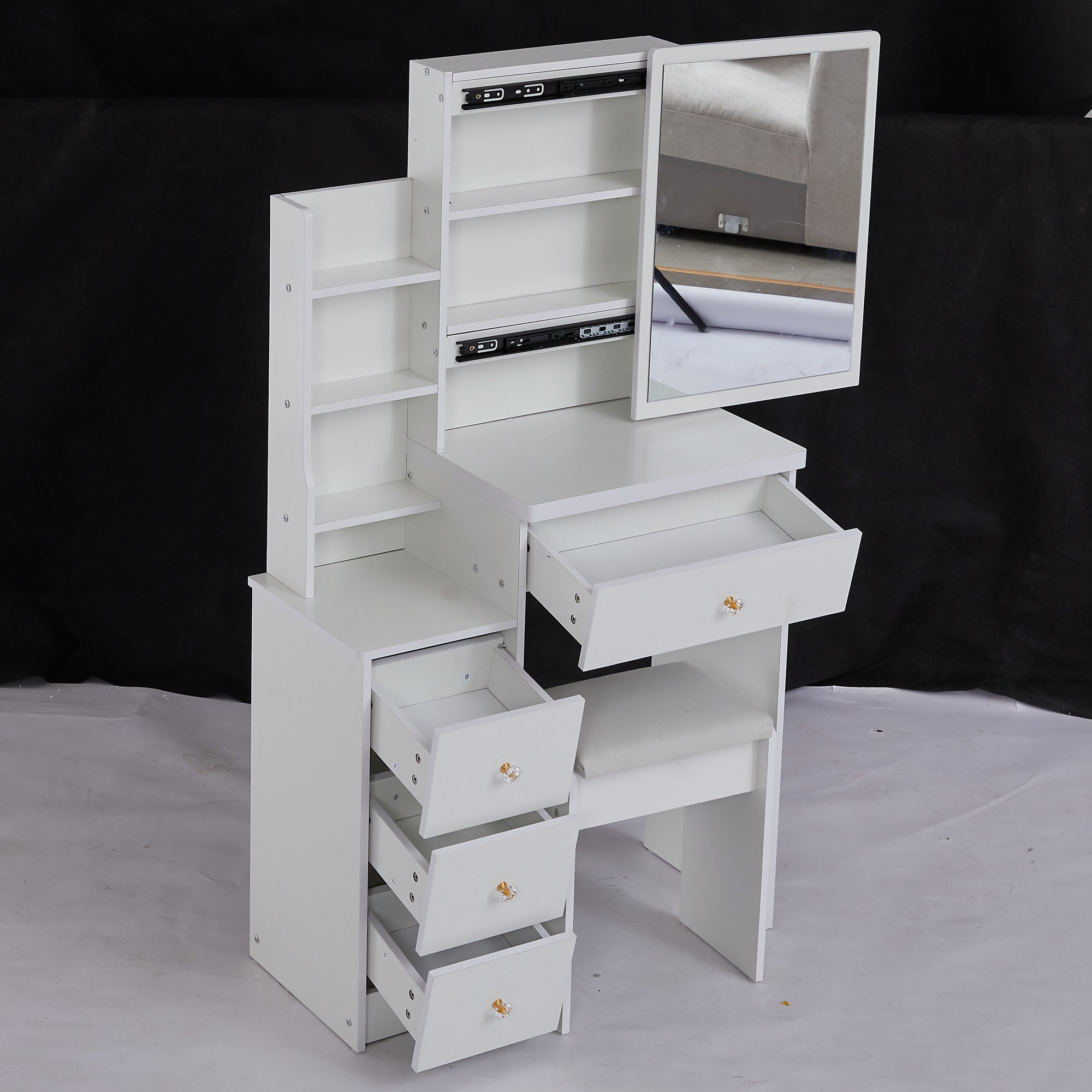 29.2' Small Space Left Bedside Cabinet Vanity Table + Cushioned Stool, Extra Large Right sliding mirror, Multi Layer High Capacity Storage, Practical Fashionable Dresser, EPA, GCC, UL Certificate - Grand Goldman Shop
