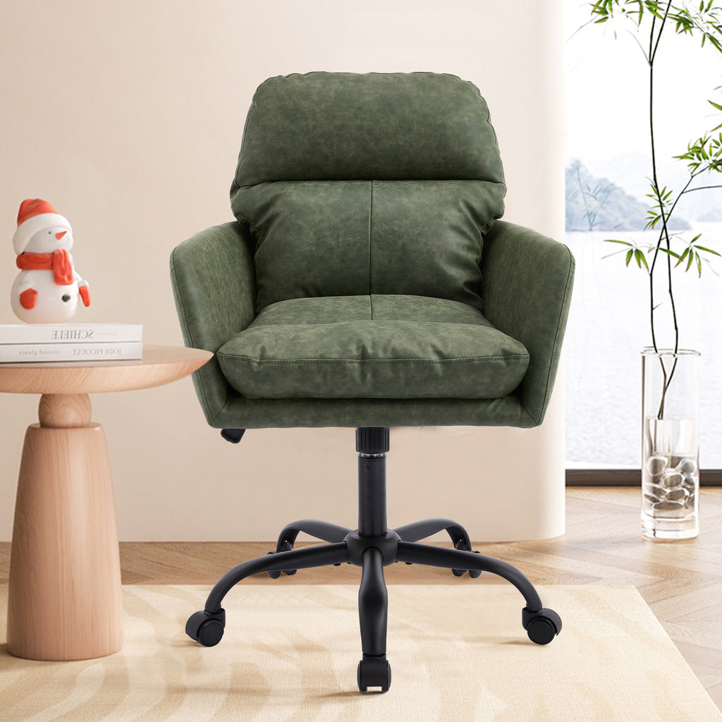 Green PU Leather Office Chair with Adjustable Height, Black Base, Ergonomic Design for Office, Bedroom, and Dressing Table - 