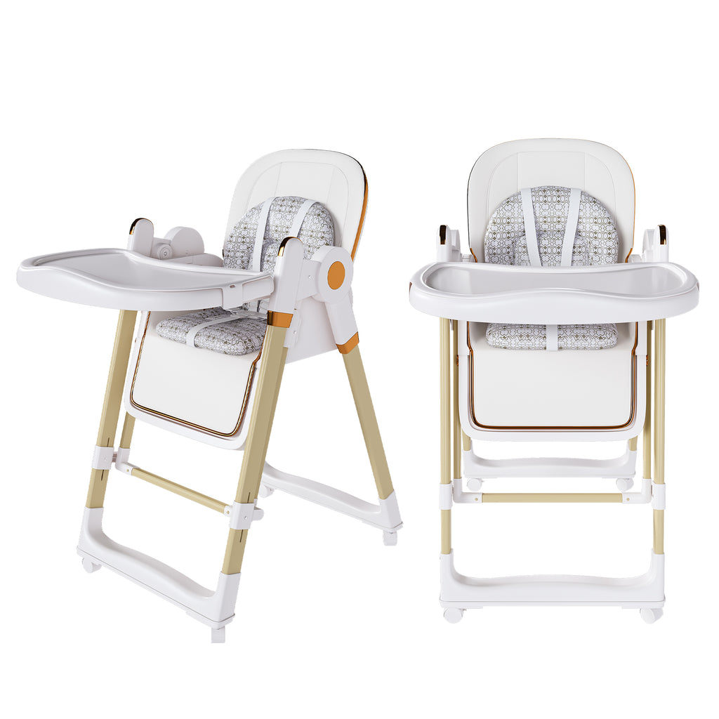 Convertible Baby High Chair to Rocker with 5-Point Harness, Foldable Infant Feeding Chair in White with Removable 2-Tier Easy