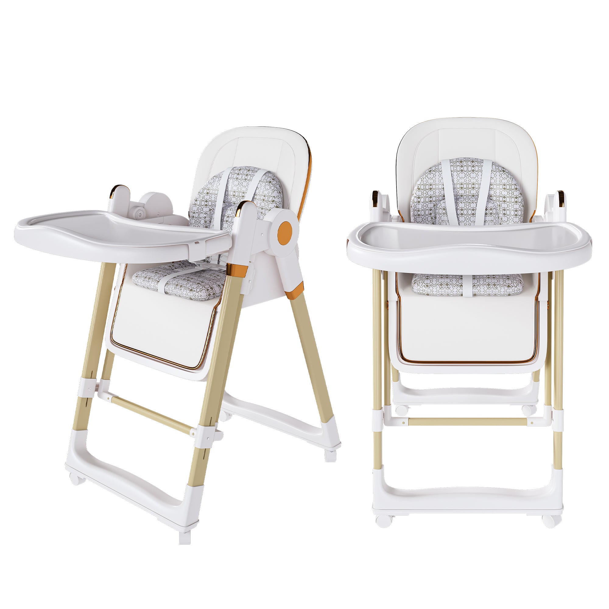 Convertible Baby High Chair to Rocker with 5-Point Harness, Foldable Infant Feeding Chair in White with Removable 2-Tier Easy