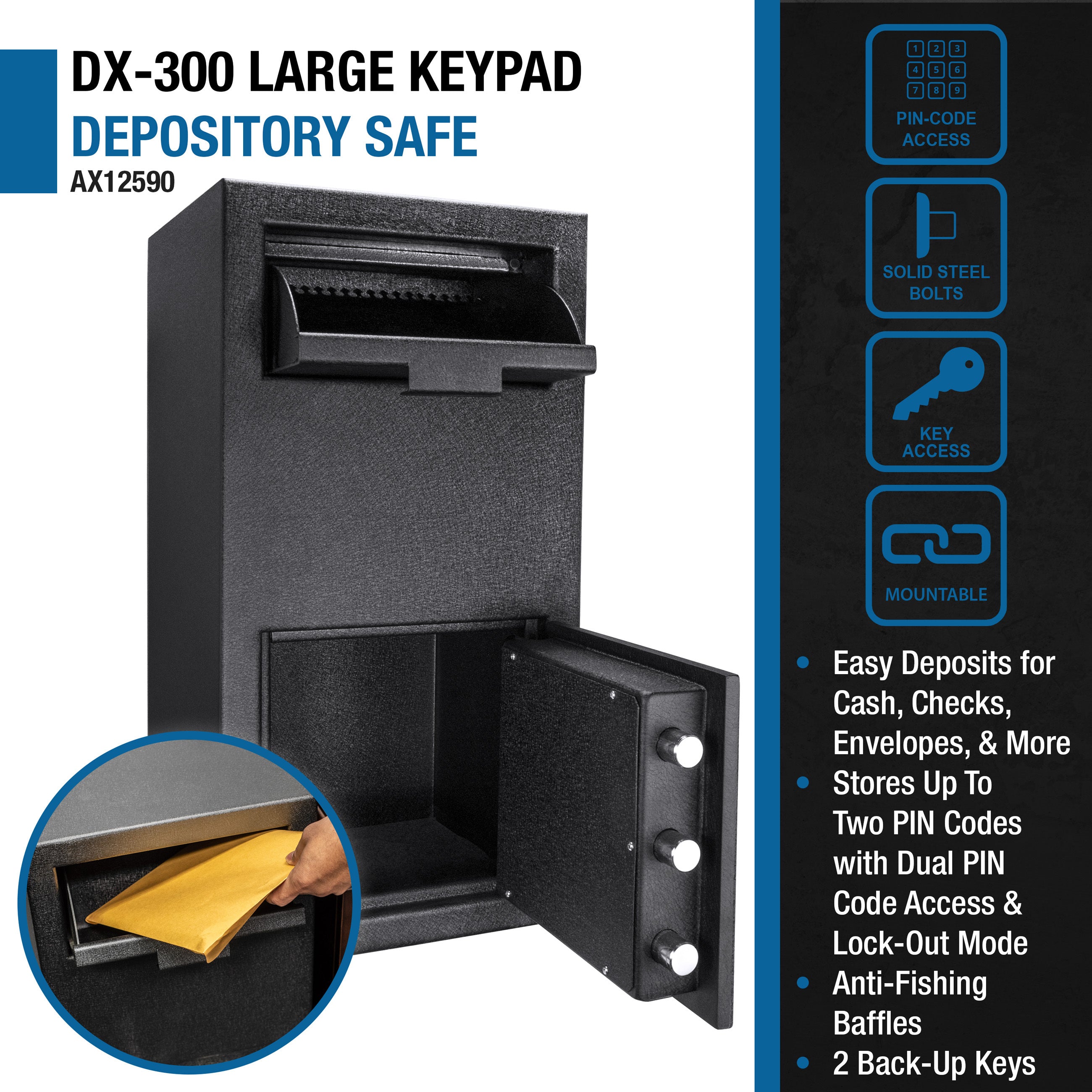 Black Steel Keypad Depository Safe with Anti-Fishing Baffles and Digital Lock, 1.72 Cu Ft | Premium Home Decor - Grand Goldma