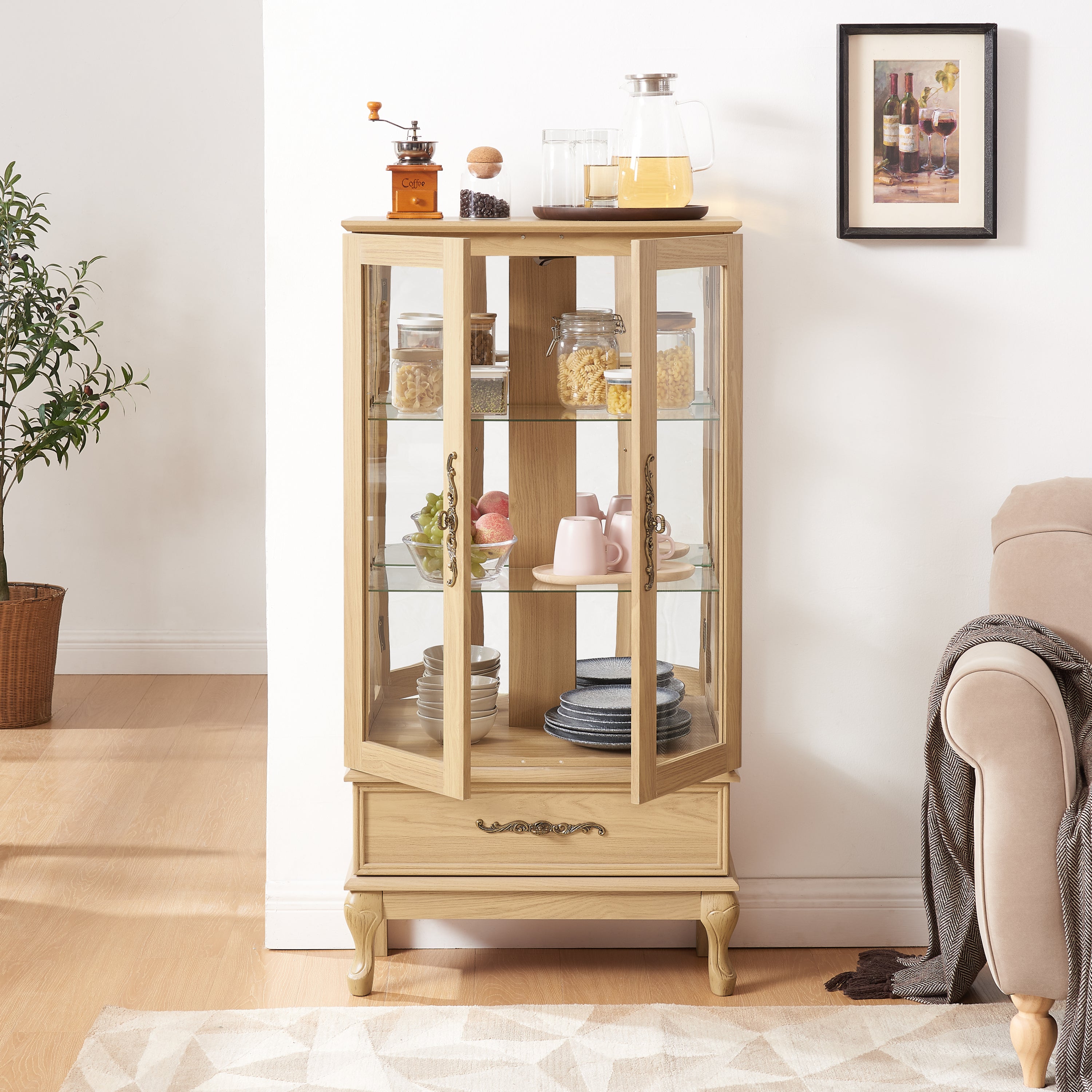 Curio Cabinet Lighted Glass Cabinet Glass Wine Cabinet Curio Display Cabinet with Adjustable Glass Shelves 2 Doors and 1 drawer Cabinet Sideboard With Bulb Included Light oak - Grand Goldman Shop
