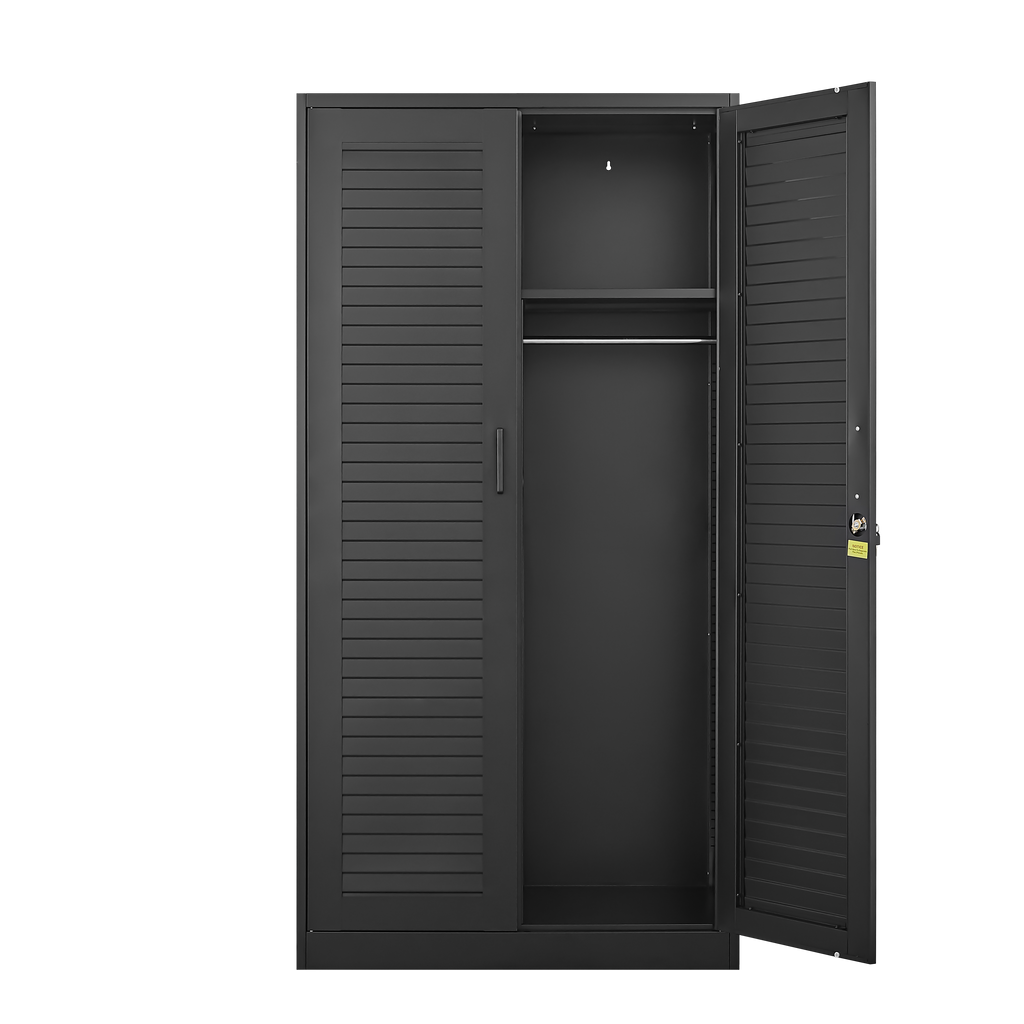 Wide & Deep Metal Storage Cabinet with Hanging Rod,Black Broom Closet Storage Cabinet with Lock, Tall Wardrobe Cabinets with 