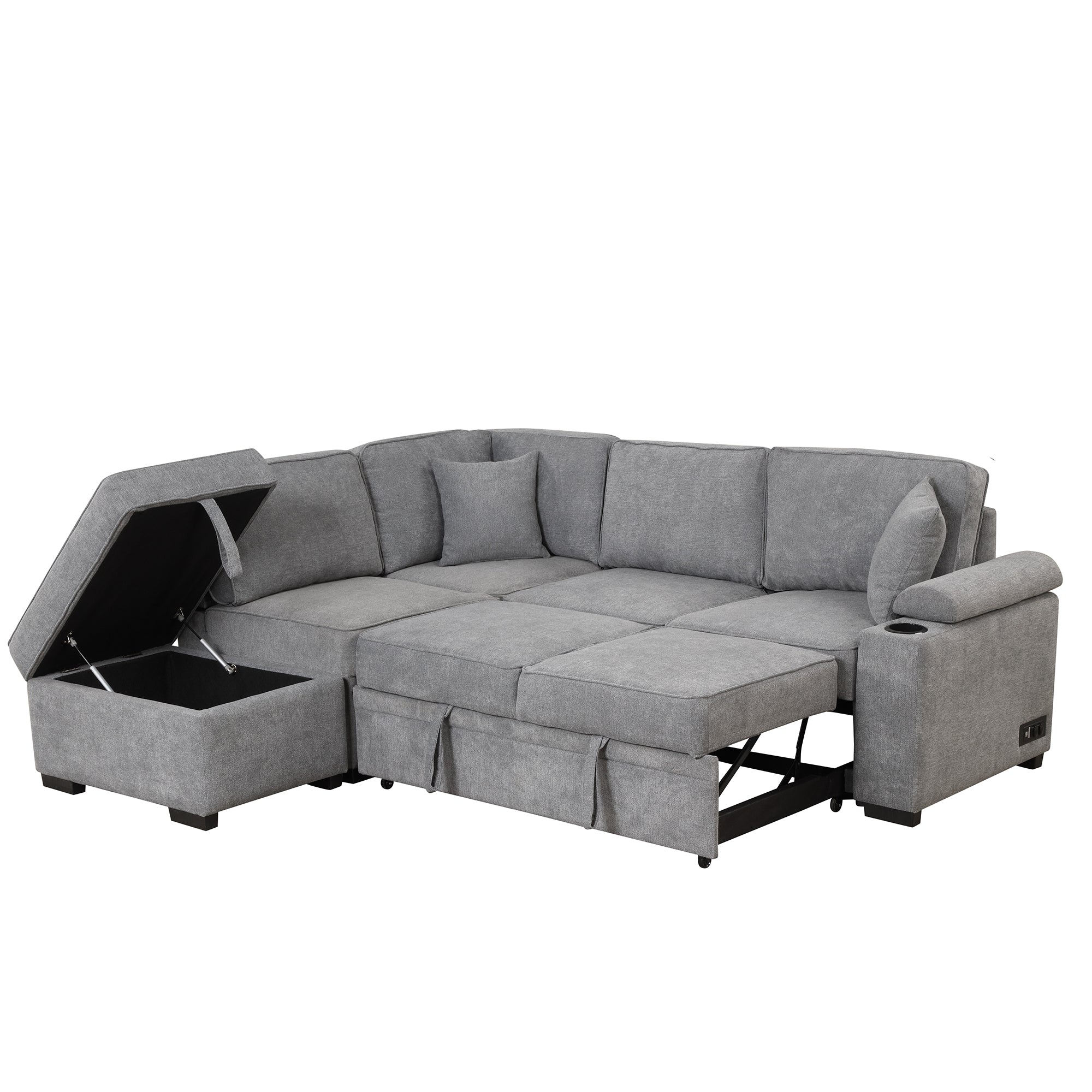 Modern Sleeper Sofa Bed with Storage Ottoman, Gray Linen, 84.75' L Shape Couch for Living Room or Apartment - Grand Goldman Shop