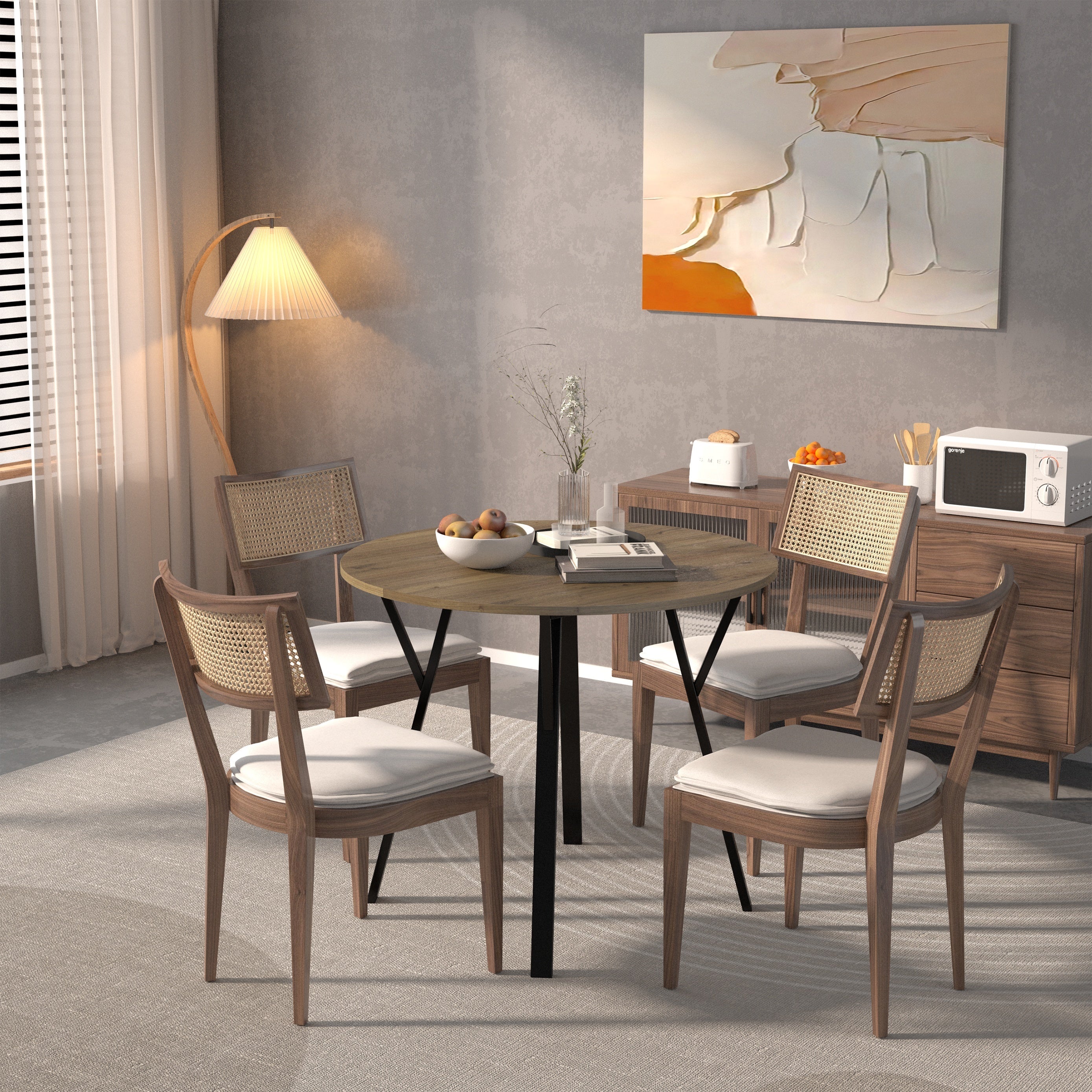 Modern Round Dining Table, Rustic Brown MDF Top with Black Metal Legs, 35.43 Inch Diameter for 2-4 People - Grand Goldman Shop