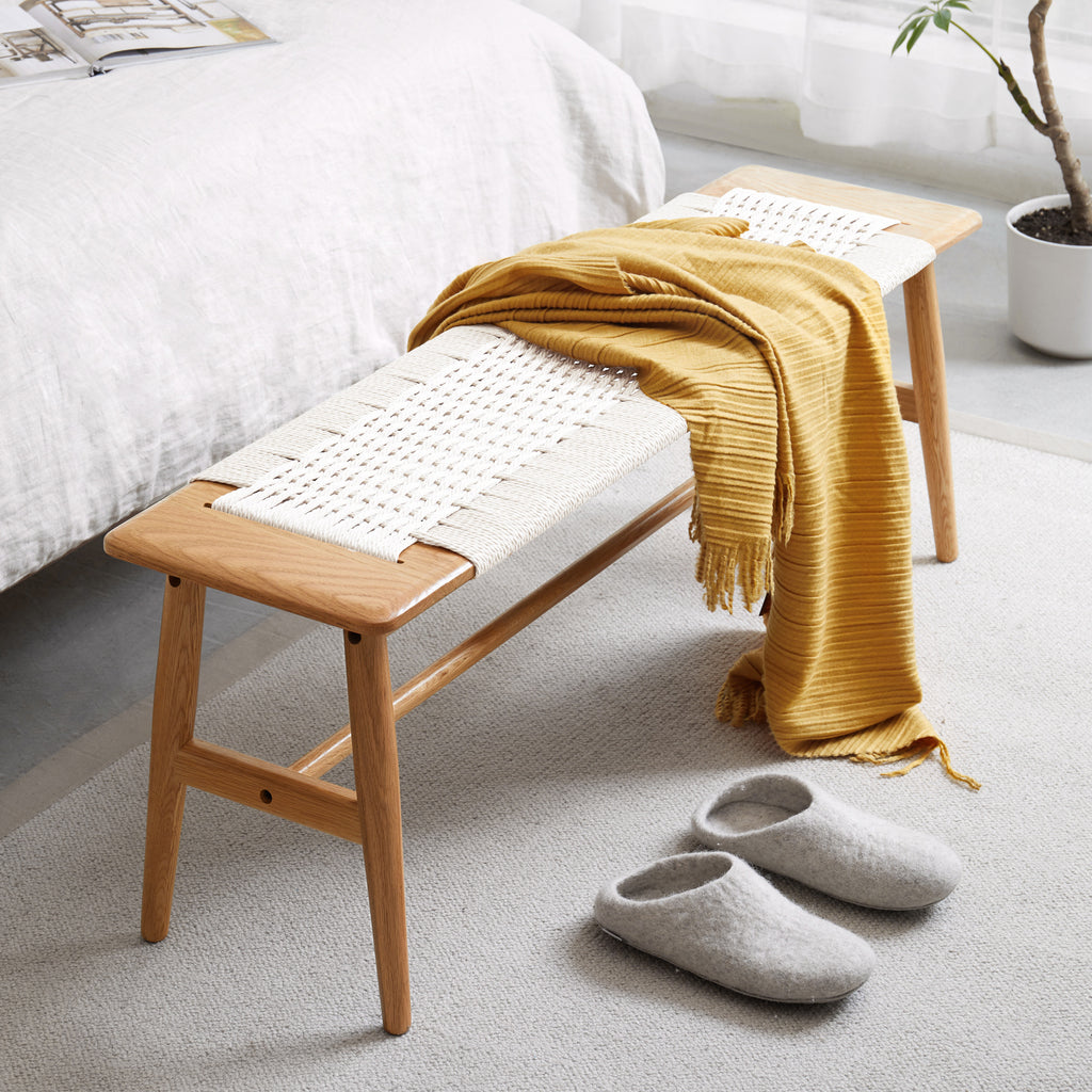 Design Natural Oak Wood Dining Bench Bed Bench with Handwoven Cane Seat in White - Grand Goldman Shop