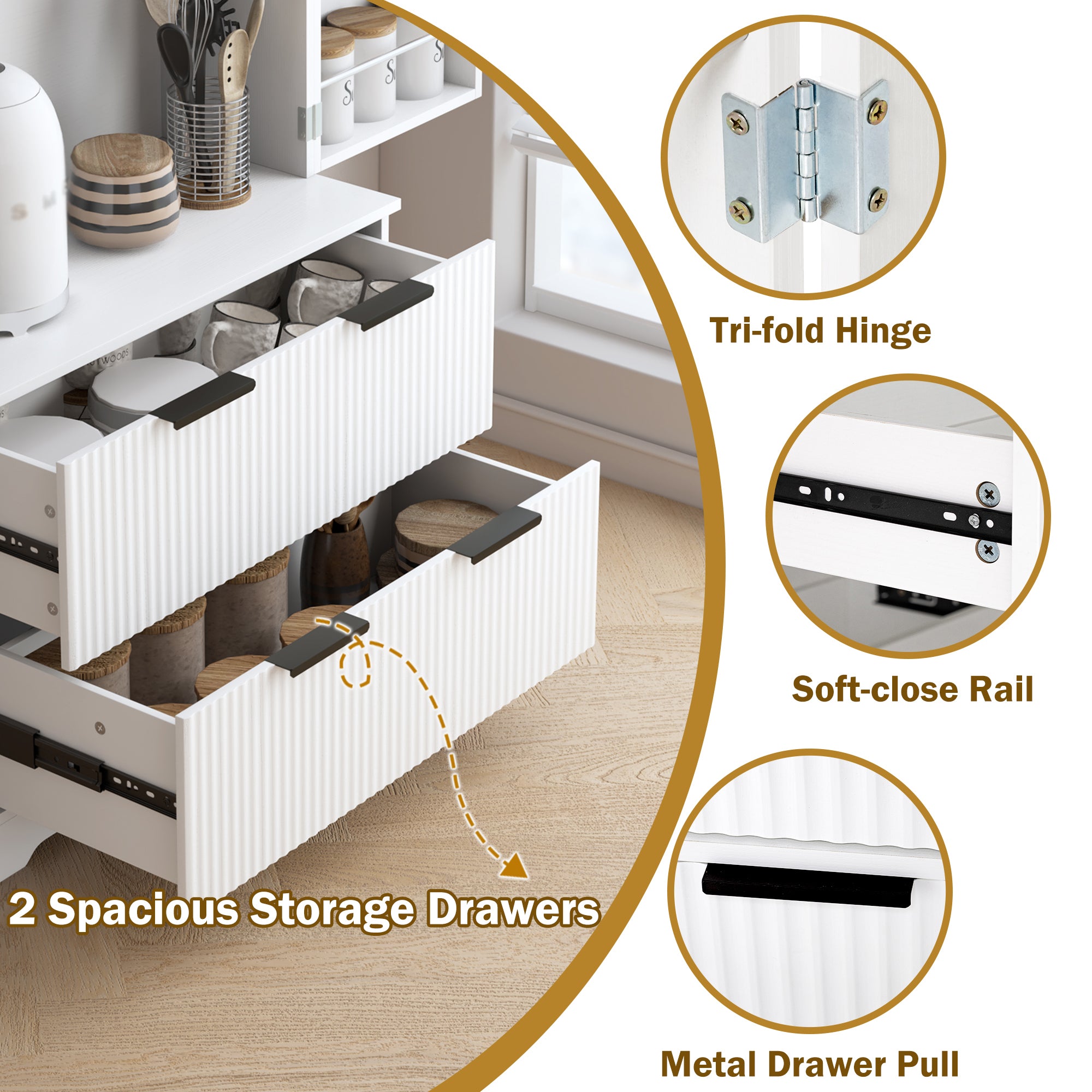 72' Modern Fluted Kitchen Pantry Cabinet with 2 Large Drawers & 8-Door Spice Rack, White MDF Freestanding Storage Organizer for Bathroom, Dining Room, Office, Entryway - Grand Goldman Shop
