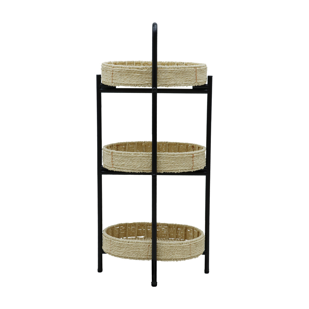 Farmhouse Style 3 Tiers Tray Tables Paper Rope Woven Side Table with Oval Storage Basket in Natural - Grand Goldman Shop