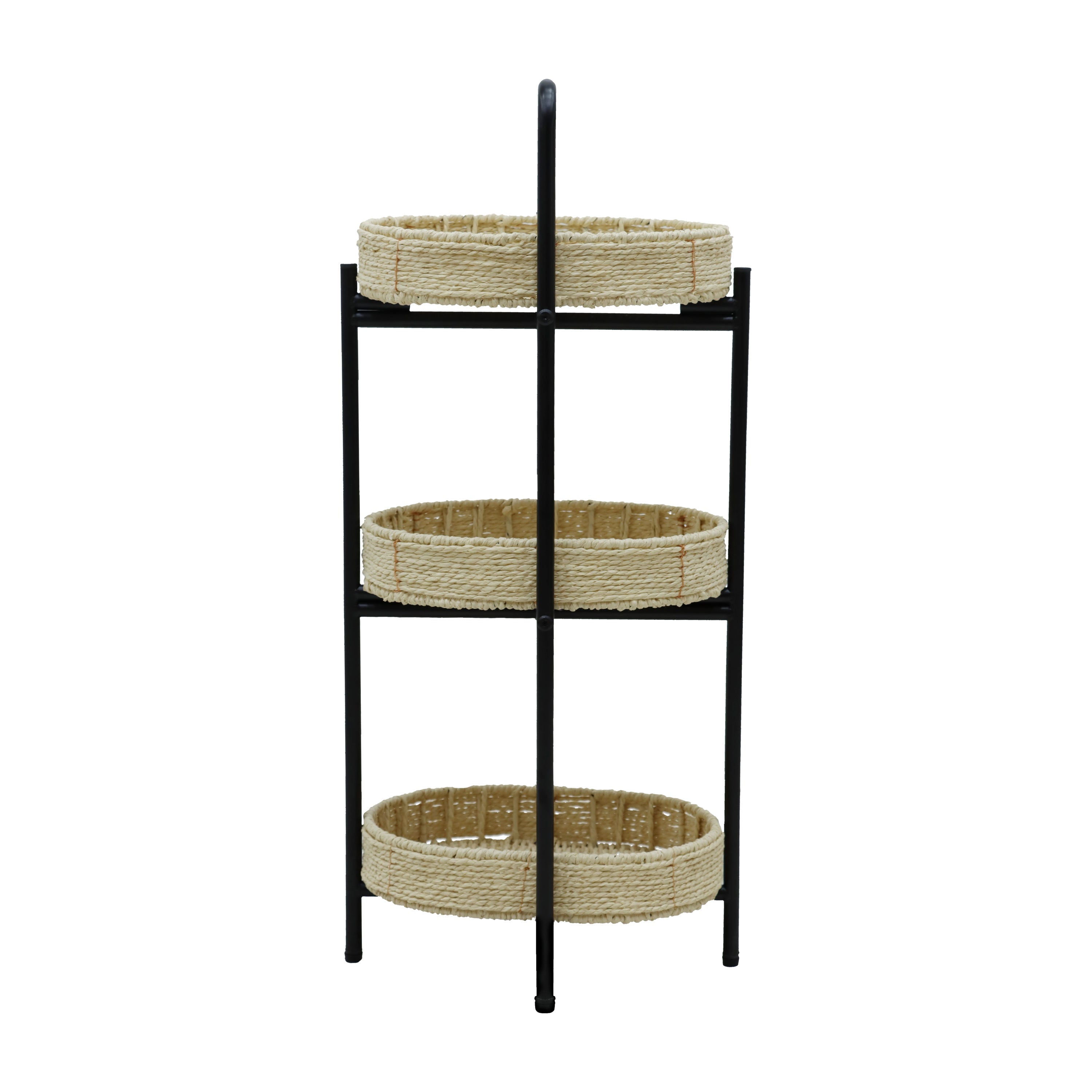 Farmhouse Style 3 Tiers Tray Tables Paper Rope Woven Side Table with Oval Storage Basket in Natural - Grand Goldman Shop
