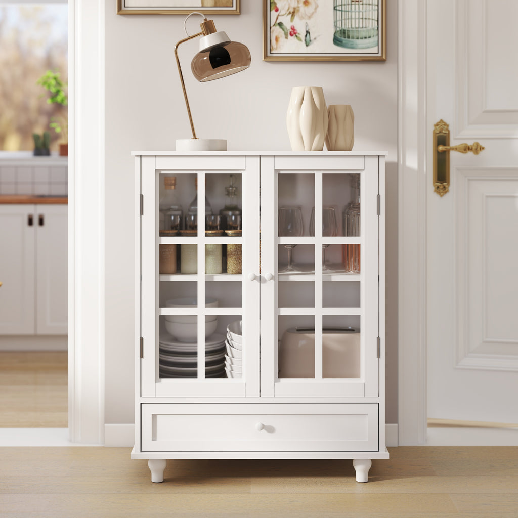 Minimalist White Buffet Cabinet with Double Glass Doors and Drawer, Modern Wooden Storage Sideboard Cupboard for Living room, Dining Room Hallway Entryway - Grand Goldman Shop
