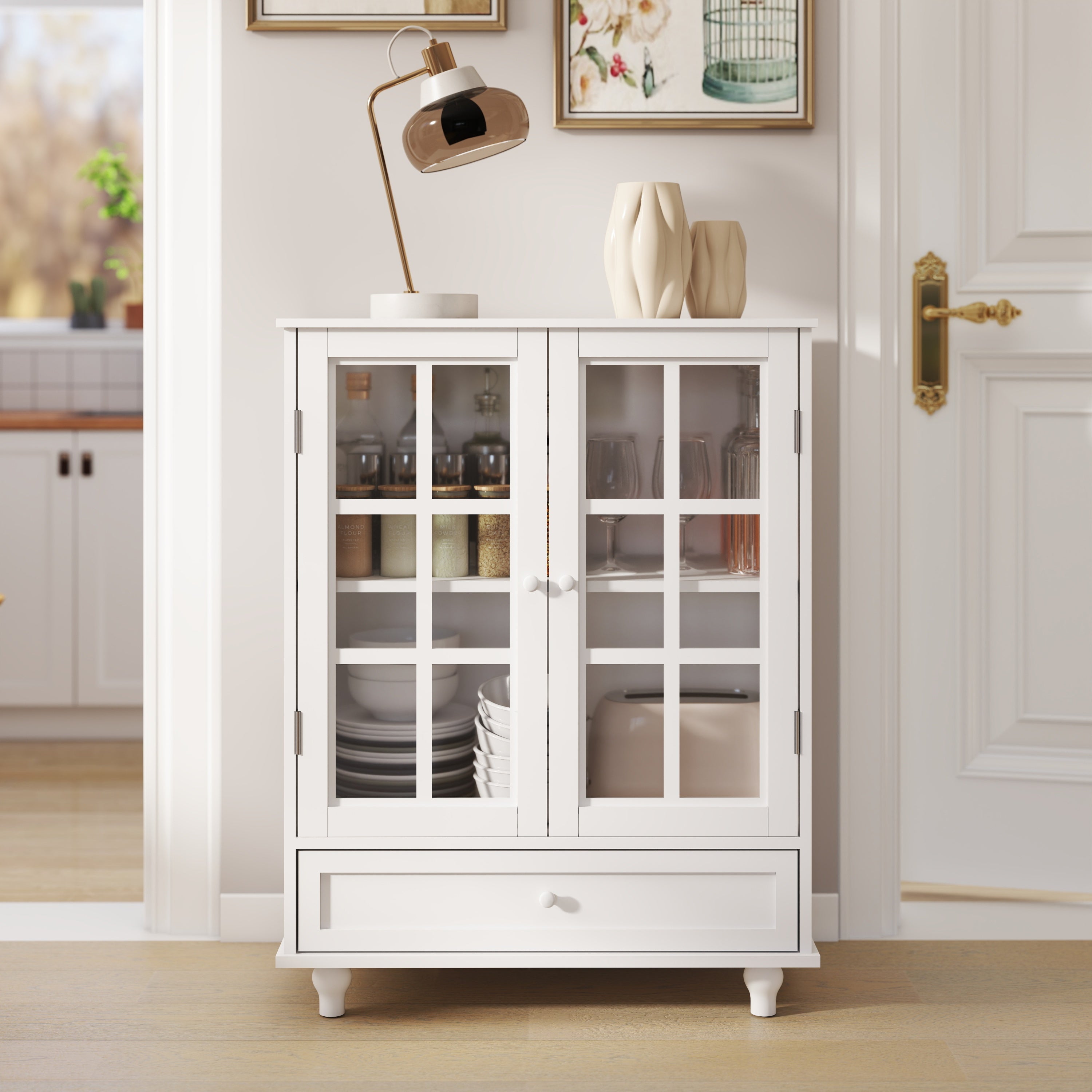 Minimalist White Buffet Cabinet with Double Glass Doors and Drawer, Modern Wooden Storage Sideboard Cupboard for Living room, Dining Room Hallway Entryway - Grand Goldman Shop