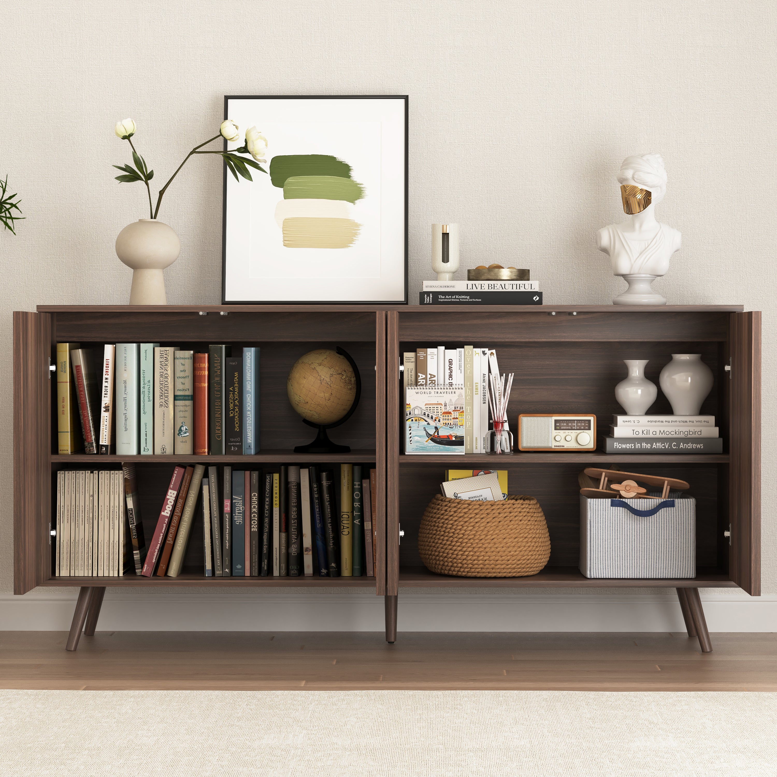 Sideboard Buffet Cabinet with Storage, Long Sideboard Storage Cabinet with 4 Doors, Wood Credenza Console Coffee Bar Cabinets with Adjustable Shelves for Living Room Kitchen Dining Room Walnut - Grand Goldman Shop