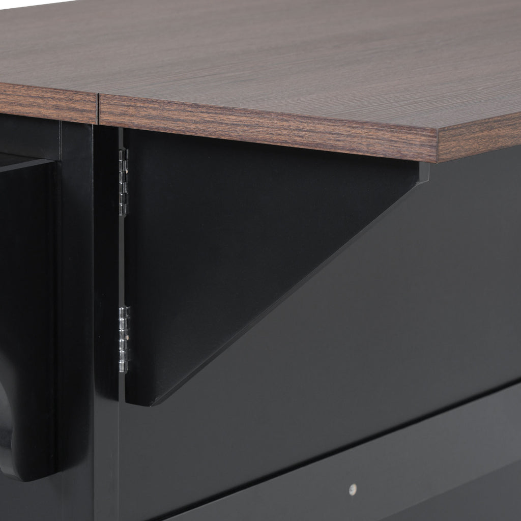 K&K 54.9' Kitchen Island with Drop Leaf, Power Outlet, Kitchen Storage Cart with 4 Door Shelves, Cross Barn Doors & Visual Glass Door, Rolling Kitchen Island on 4 Wheels for Kitchen, Dining Room,Black - Grand Goldman Shop