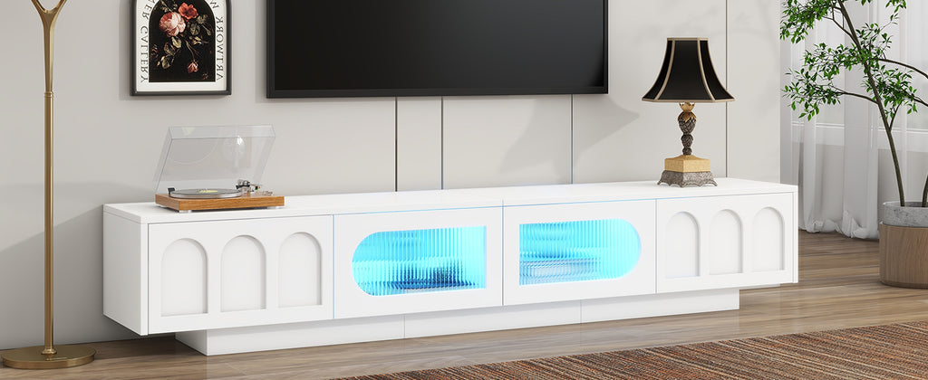 ON-TREND TV Stand with Fluted tempered Glass Doors for TVs Up to 95'', Functional Media Console with Arched Cabinet Doors, Entertainment Center with APP-Controlled LED Light for Living Room, White - Grand Goldman Shop