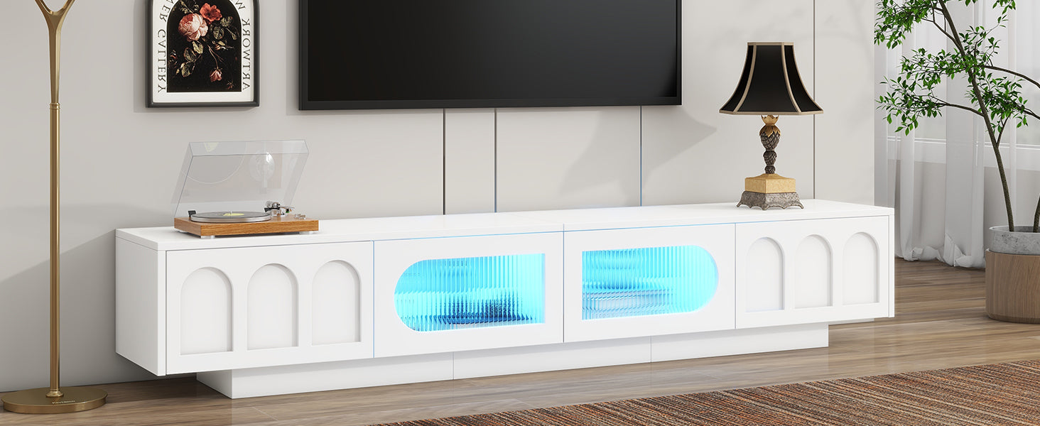 ON-TREND TV Stand with Fluted tempered Glass Doors for TVs Up to 95'', Functional Media Console with Arched Cabinet Doors, Entertainment Center with APP-Controlled LED Light for Living Room, White - Grand Goldman Shop