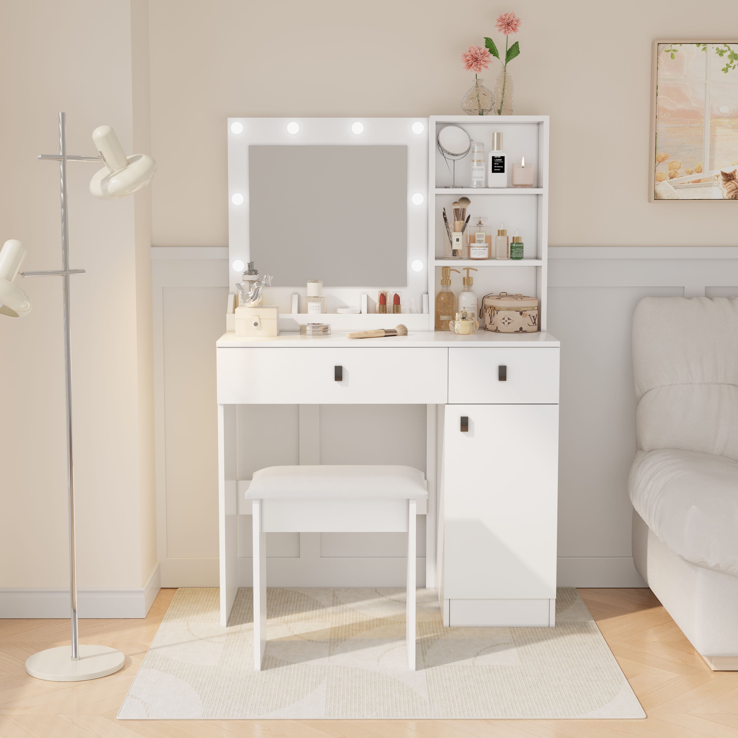 Vanity Desk with Lights, Vanity Set with Mirror, Makeup Vanity Desk with Large Drawers & Three Level Storage Dreeser, Vanitys/Vanities with 3 Lights Brightness Adjustable for Bedroom, White - Grand Goldman Shop