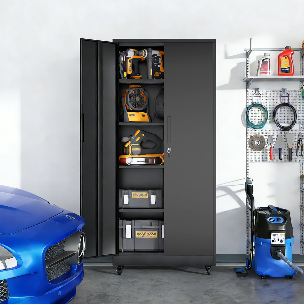 Heavy Duty Rolling Metal Cabinet with Lock, 71 inch Garage Storage Cabinet, 4 Adjustable Shelves (180lb Each), Black, for Too
