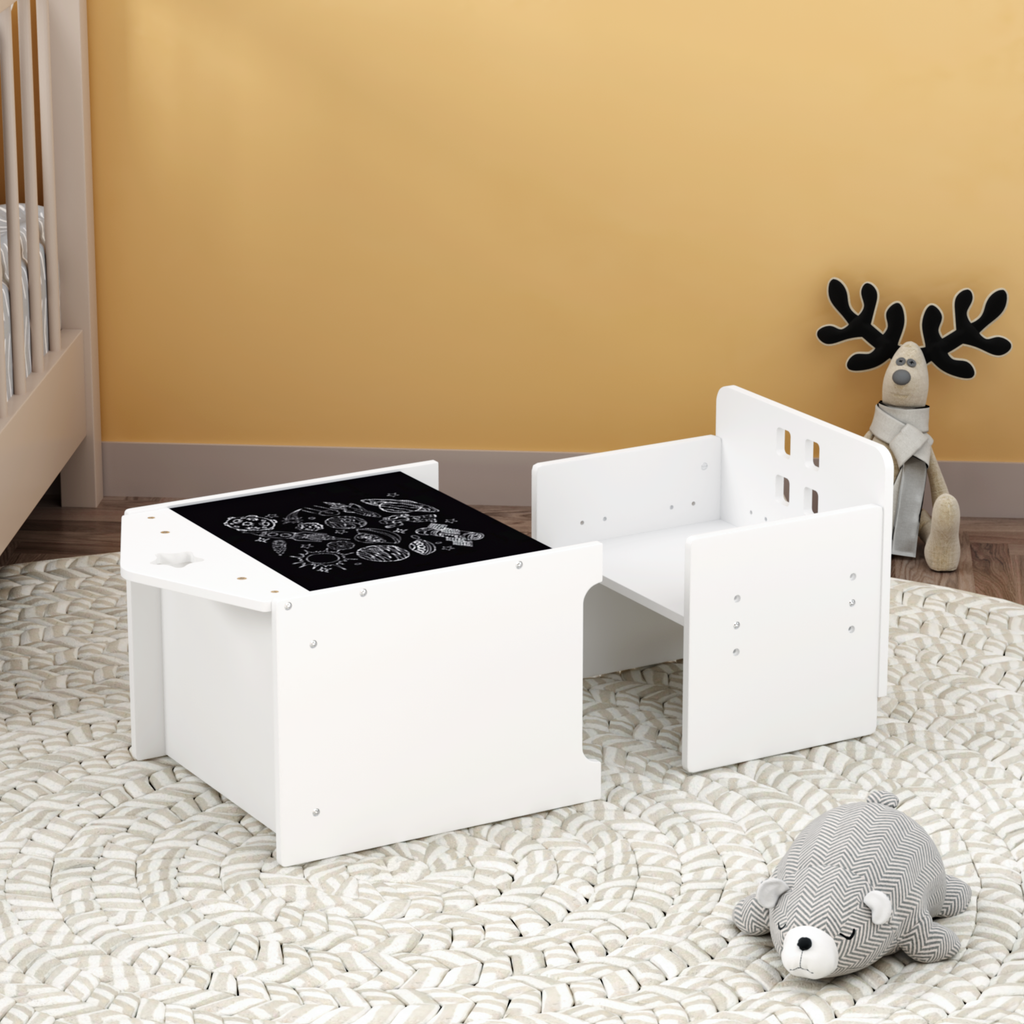 Kids Montessori Weaning Table and Chair Set, Wooden Toddler Table and Chair Set Kids Activity Table Step Stools with Blackboa