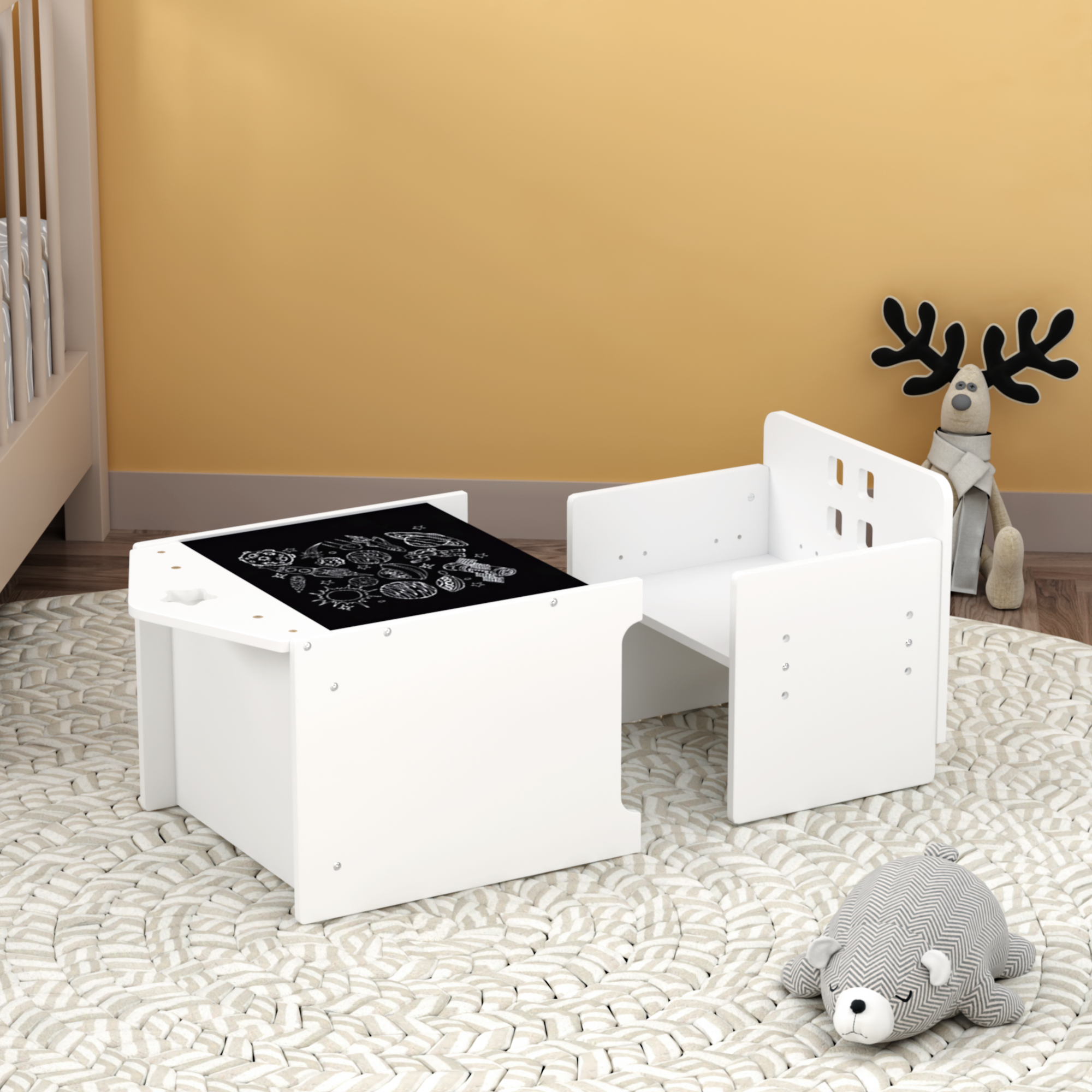 Kids Montessori Weaning Table and Chair Set, Wooden Toddler Table and Chair Set Kids Activity Table Step Stools with Blackboa