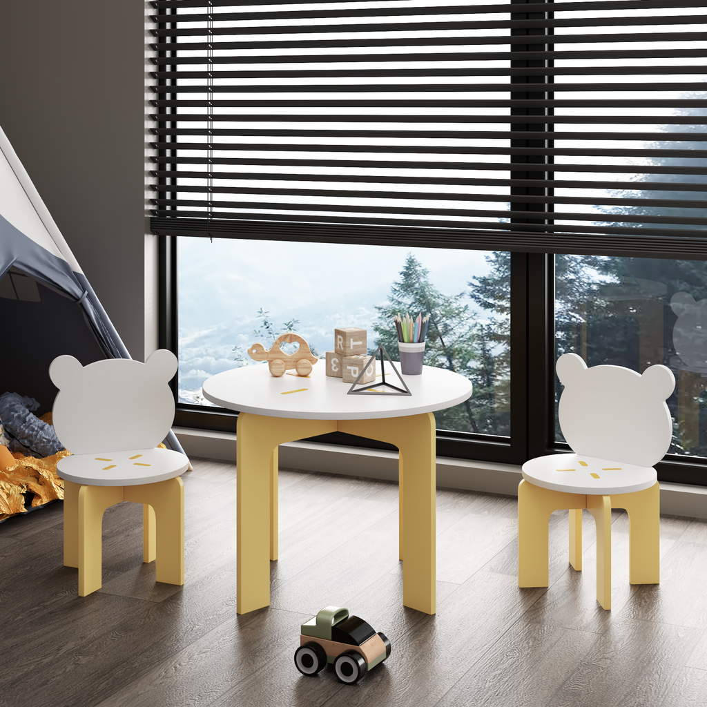 Kids Table and Chair Set, 3-Piece Toddler Table with 2 Chairs, Cute Bear-Back Chairs, Sturdy Wooden Activity Table Set for Ki