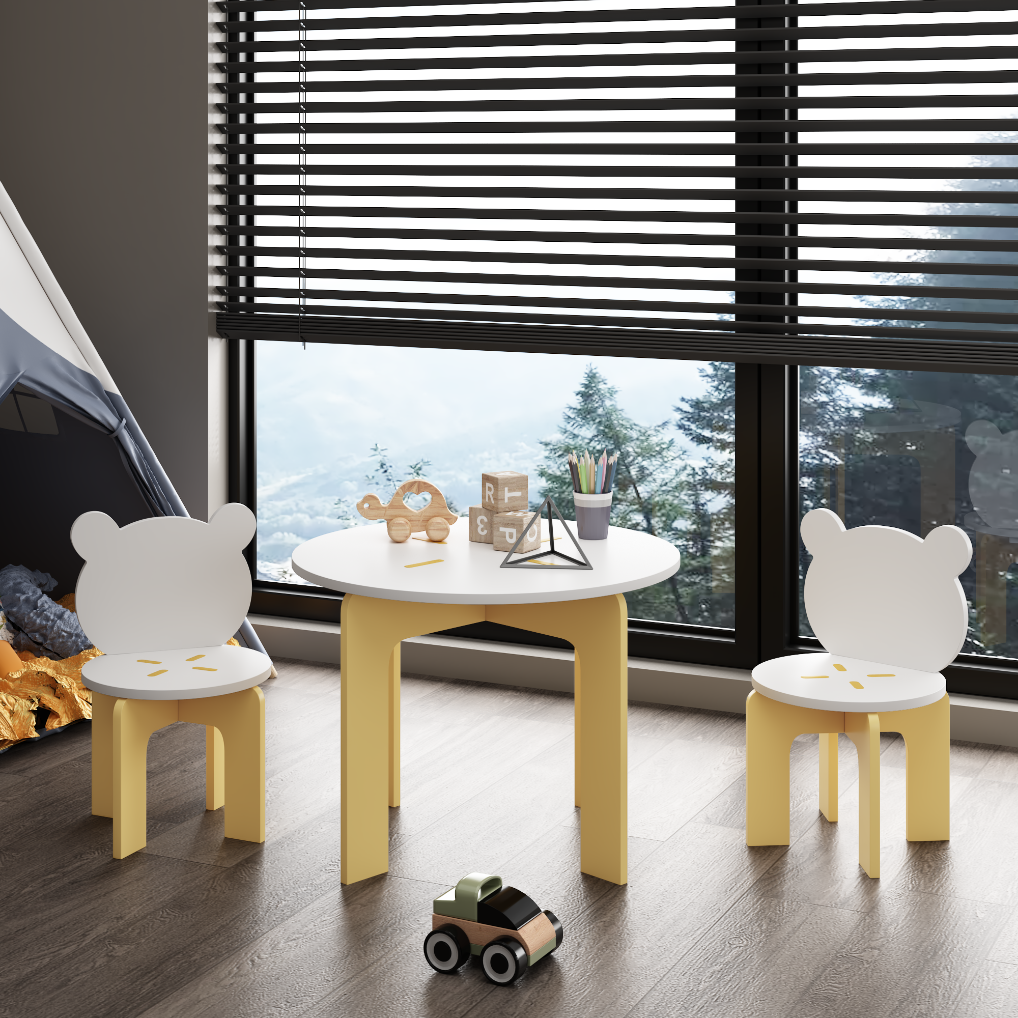 Kids Table and Chair Set, 3-Piece Toddler Table with 2 Chairs, Cute Bear-Back Chairs, Sturdy Wooden Activity Table Set for Ki
