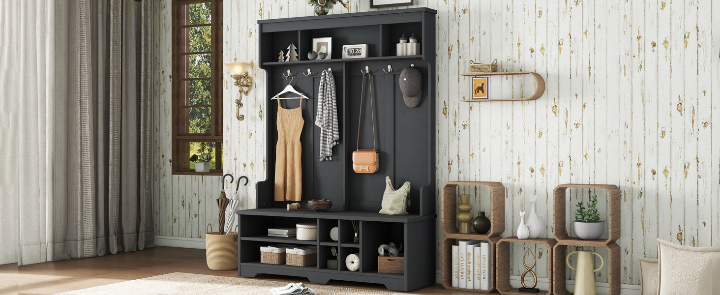 Modern Hallway Hall Tree with Metal Hooks and Storage Space, Multi-Functional Entryway Coat Rack with Shoe Cubbies, Black - Grand Goldman Shop