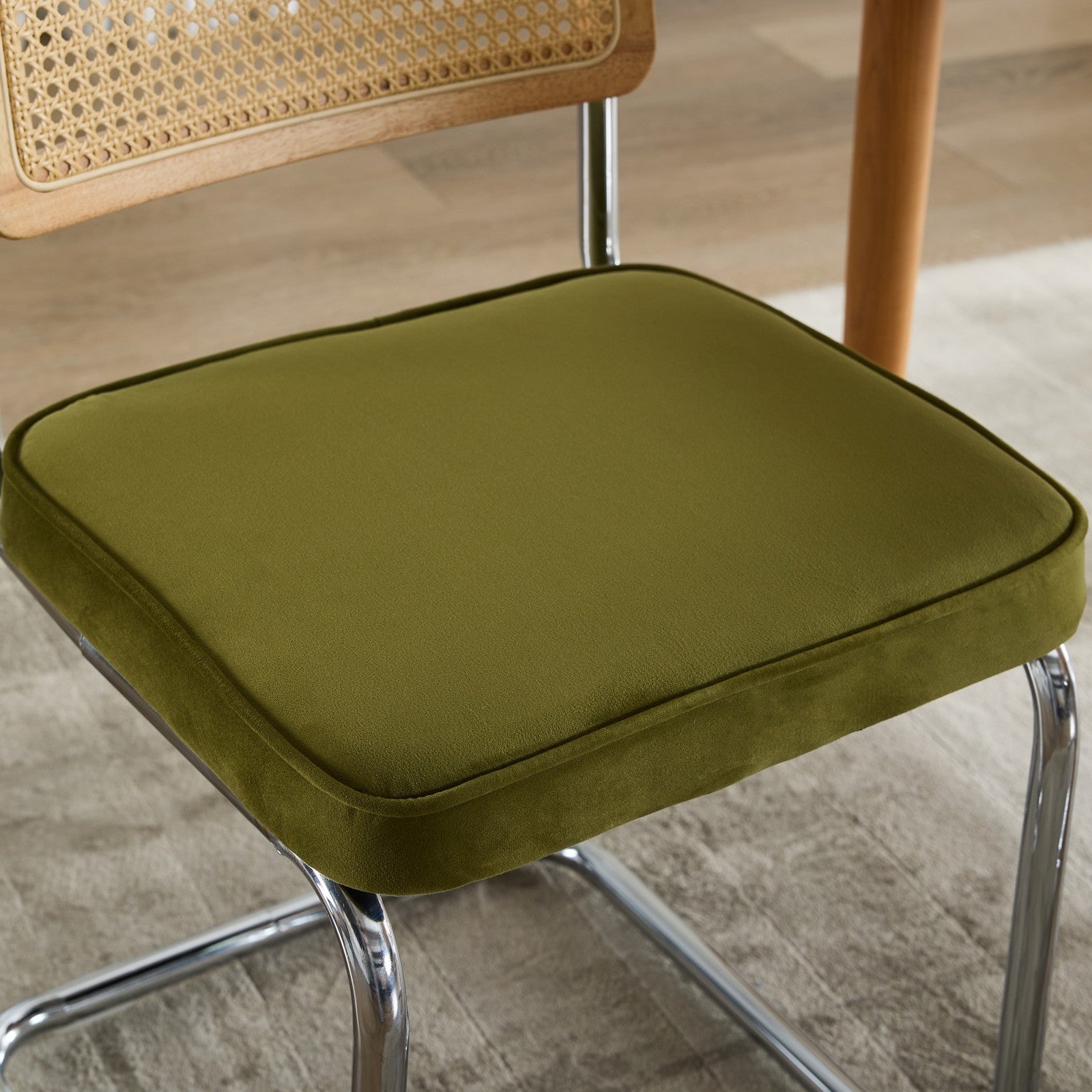 Mid Century Modern Dining Chairs Set of 2, Velvet Accent Chairs with Natural Cane Back & Stainless Chrome Base, Famous Breuer Designed Chairs, Upholstered Rattan Kitchen Chairs,Olive-Green - Grand Goldman Shop