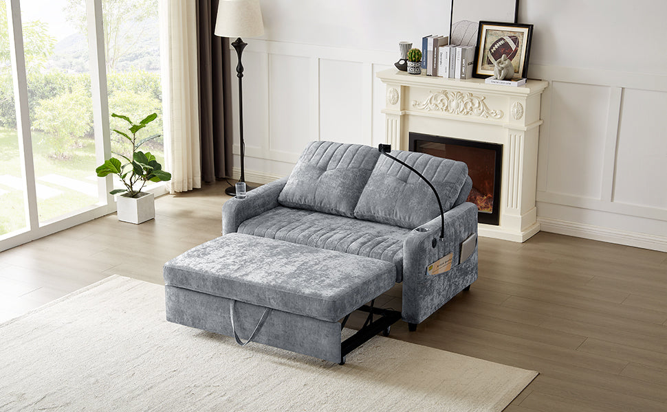 Modern Loveseat Pull-out Sofa Bed with Adjustable Backrest, Cup Holders, Phone Holder, Charging Ports, Side Storage Pockets, Grey Chenille - Grand Goldman Shop